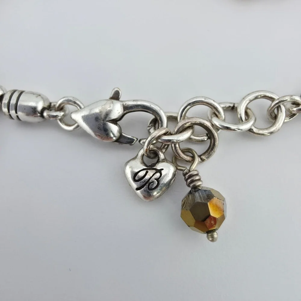 BRIGHTON 'Cannes' Bracelet Heart Crystal Fringe Charm Scroll Silver Plate 7.75